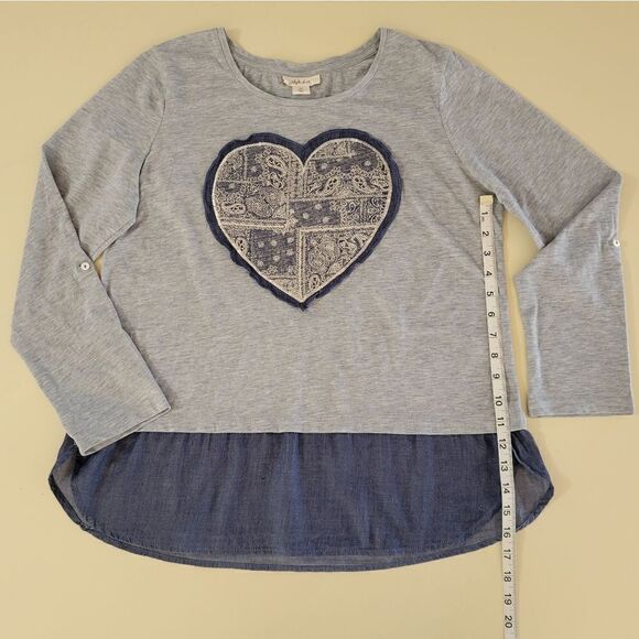 Style & Co. Women's Heart Trimmed Gray with Navy Casual Long Sleeve Pullover Top - Picture 5 of 14